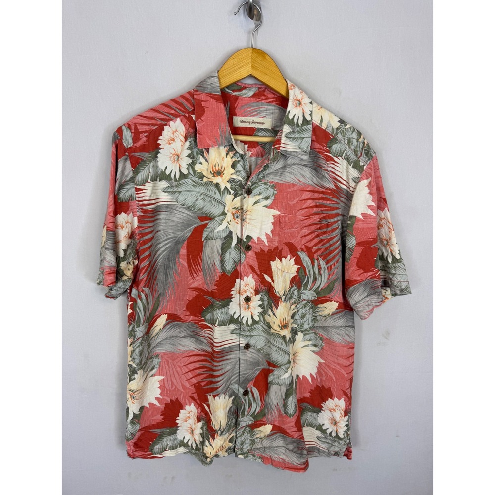 Tommy Bahama Mens Medium Silk Tropical Floral Palm Camp Shirt Coral Red